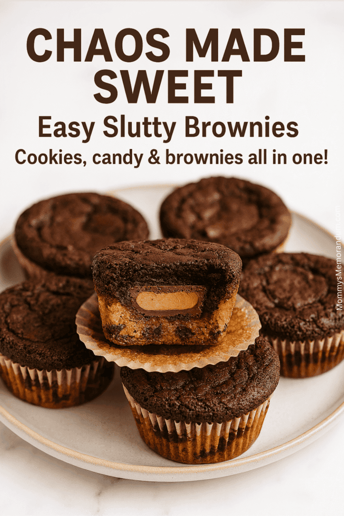 Close-up image of Easy Slutty Brownies styled on a ceramic plate, showing distinct layers of cookie dough, peanut butter cup, and brownie. Text overlay reads &ldquo;Chaos Made Sweet &ndash; Easy Slutty Brownies: Cookies, candy & brownies all in one!&rdquo;