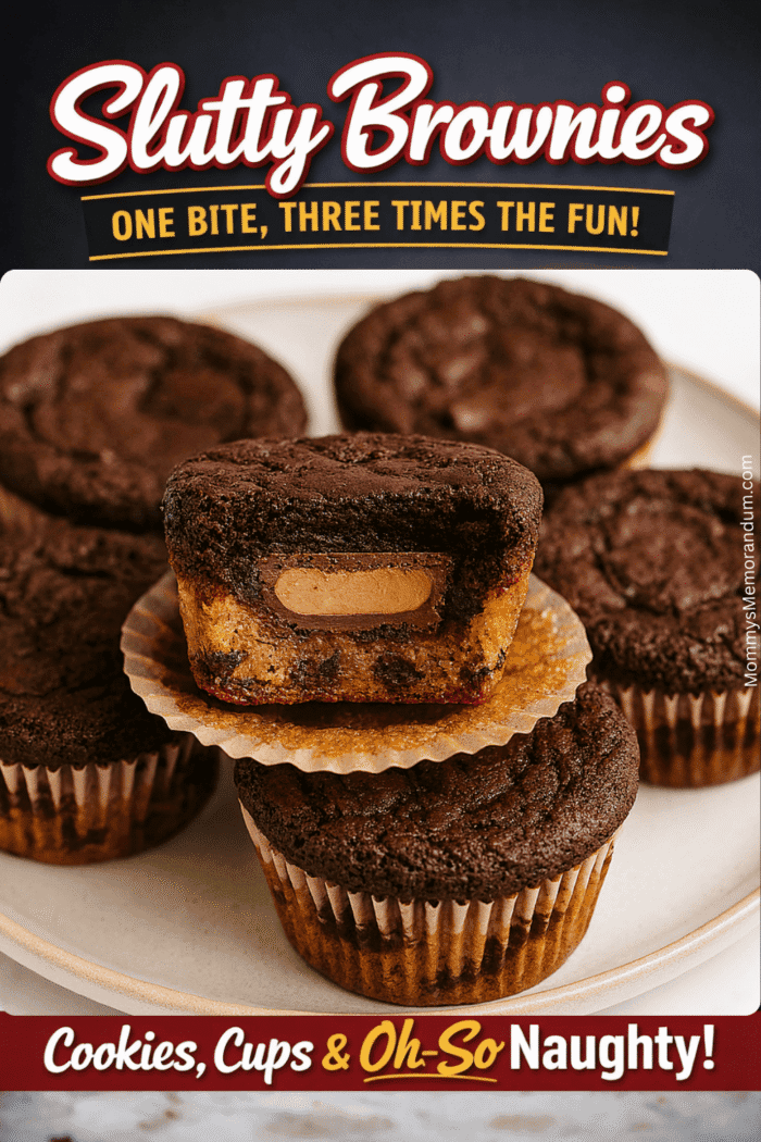 Image of Slutty Brownies in cupcake liners on a plate, with one cut open to reveal cookie dough, peanut butter cup, and brownie layers. Text overlay reads &ldquo;Slutty Brownies &ndash; One Bite, Three Times the Fun! Cookies, Cups & Oh-So Naughty!&rdquo;