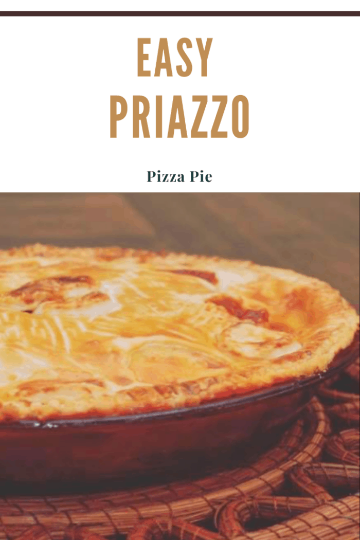 Golden-brown priazzo pizza pie in a deep dish pan, showcasing a completed copycat Pizza Hut Priazzo.