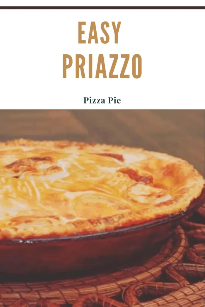 Golden-brown priazzo pizza pie in a deep dish pan, showcasing a completed copycat Pizza Hut Priazzo.