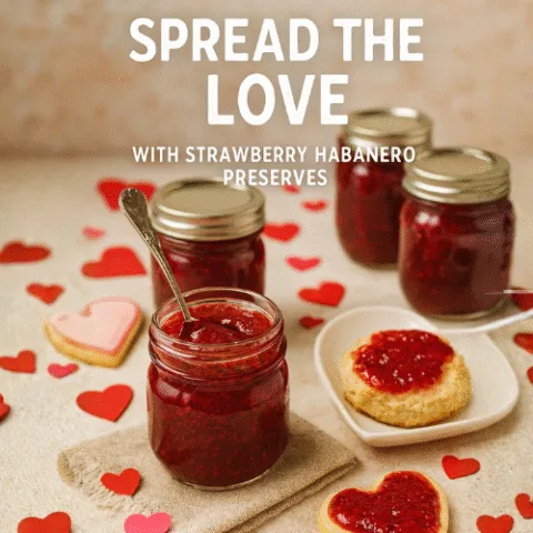Valentine&rsquo;s Day flat-lay featuring a jar of strawberry habanero preserves with fresh strawberries, heart confetti, and a spoonful of jam. Text overlay reads &ldquo;You&rsquo;re My Sweet Heat&rdquo; with subtitle &ldquo;Strawberry Habanero Preserves.&rdquo; Warm lighting and shallow depth of field create a cozy, romantic vibe.