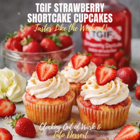 TGIF Strawberry Shortcake with layers of golden shortcake, fresh sliced strawberries, and fluffy whipped cream on a white plate