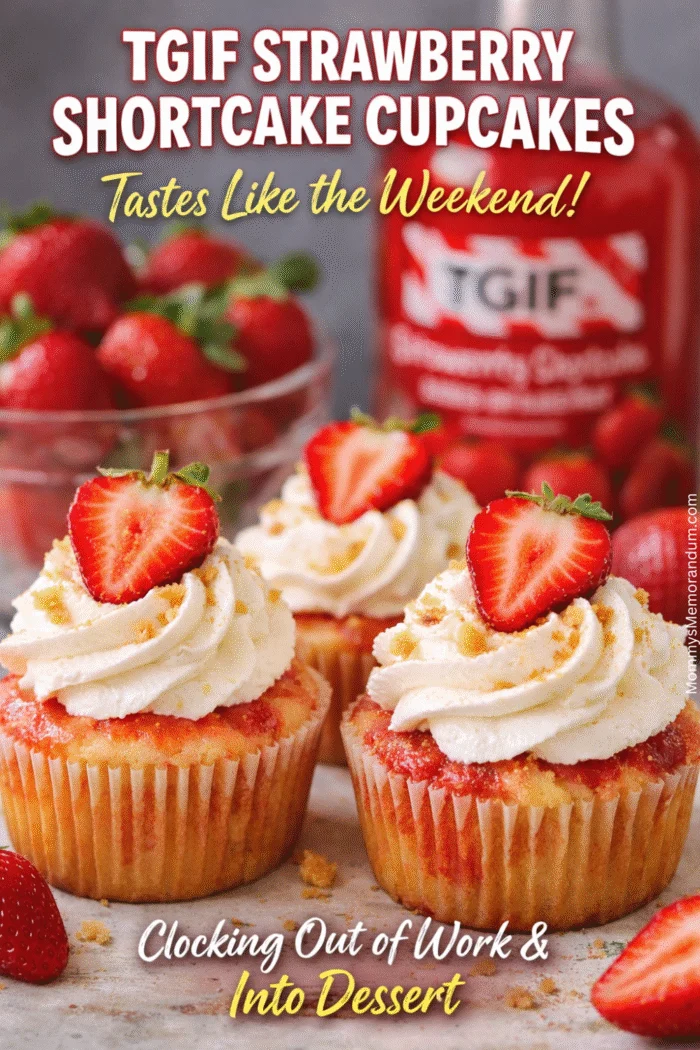 TGIF Strawberry Shortcake with layers of golden shortcake, fresh sliced strawberries, and fluffy whipped cream on a white plate