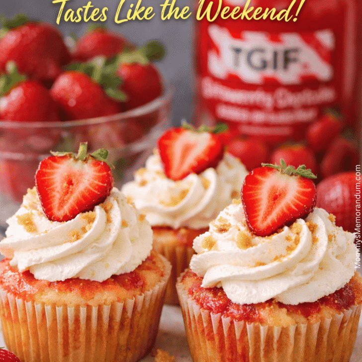 TGIF Strawberry Shortcake with layers of golden shortcake, fresh sliced strawberries, and fluffy whipped cream on a white plate