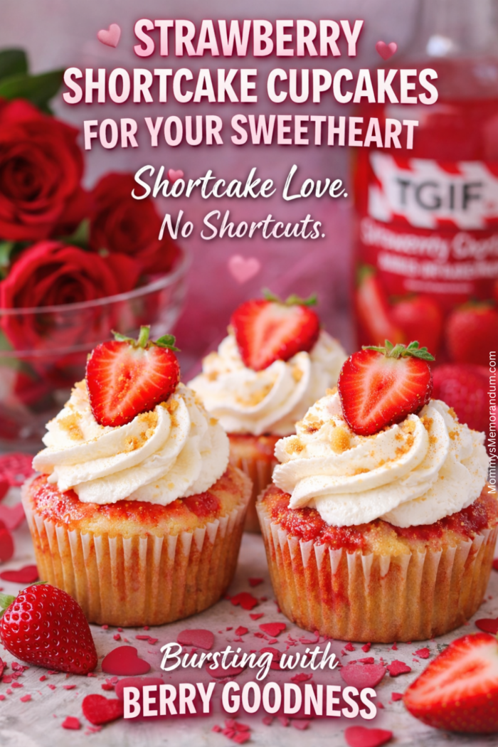 Valentine-themed TGIF Strawberry Shortcake decorated with heart-shaped sprinkles, fresh strawberries, and whipped cream on a festive plate