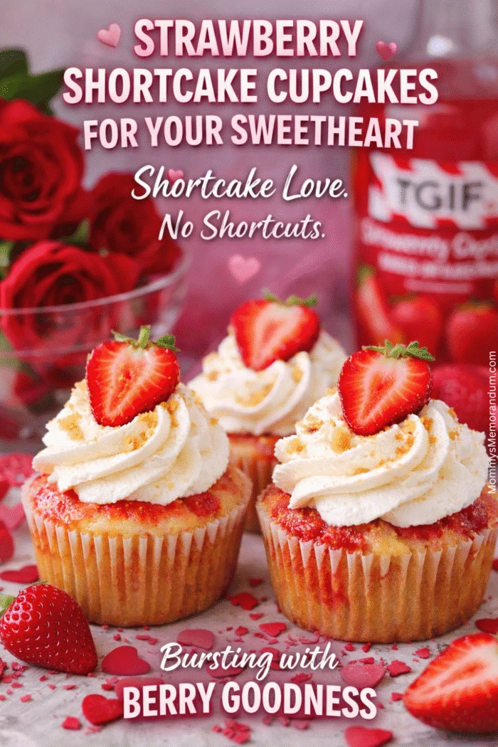 Valentine-themed TGIF Strawberry Shortcake decorated with heart-shaped sprinkles, fresh strawberries, and whipped cream on a festive plate