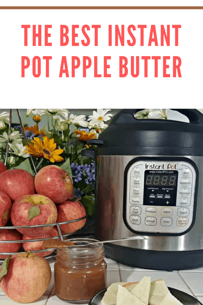 instant pot apple butter in jar next to instant pot appliance with apples in the background
