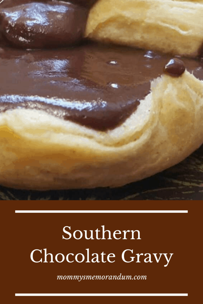 A close-up of a biscuit topped with smooth southern chocolate gravy, with the text 'Southern Chocolate Gravy' and a website URL at the bottom.