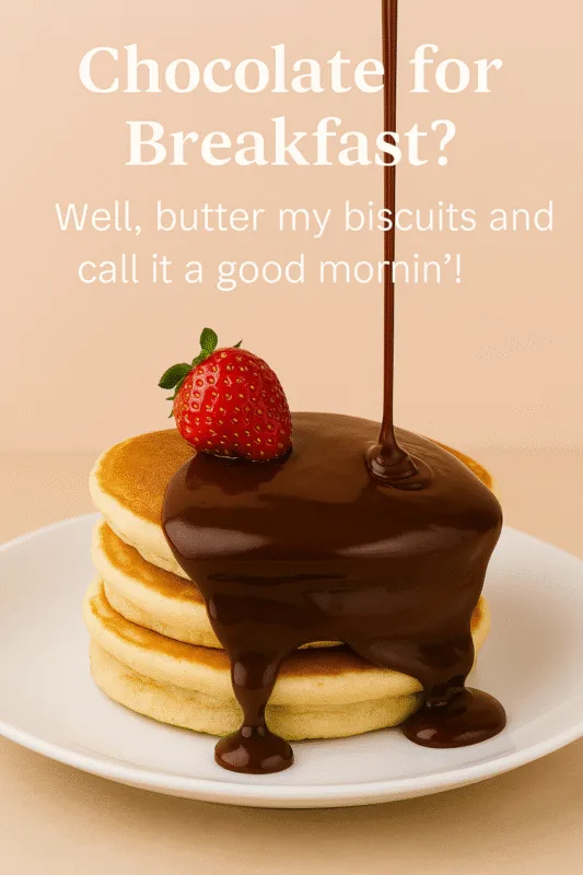 A cozy breakfast scene with thick chocolate gravy being poured over stacked pancakes on a pastel backdrop. Overlay text reads: “Chocolate for Breakfast? Well, butter my biscuits and call it a good mornin’!”
