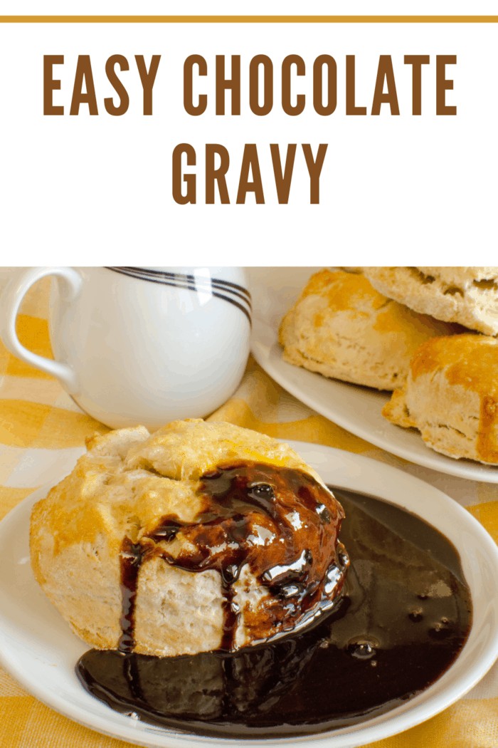 A close-up of a biscuit topped with rich chocolate gravy on a white plate, accompanied by more biscuits and a cup.