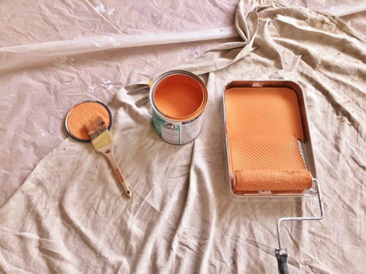 peach paint in open can and rolling tray 