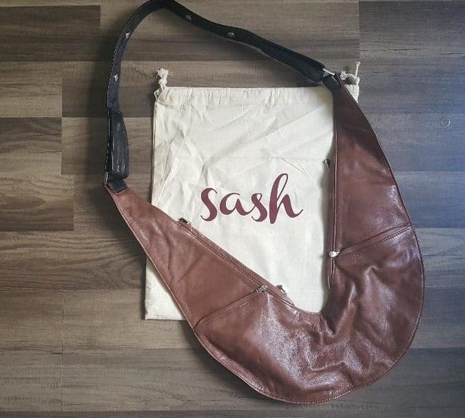 sash bag reversible brown side showing