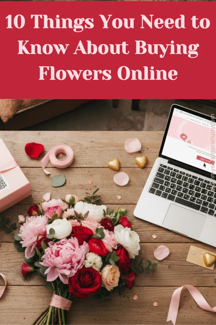 Valentine&rsquo;s Day flowers ordered online featuring pink and red roses styled next to a laptop, chocolates, and gift box