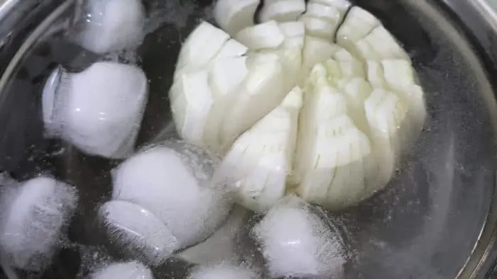 onion cut for bloom in ice water
