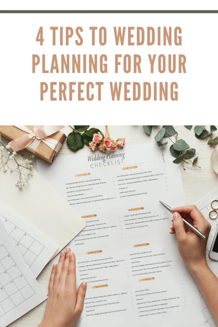 Wedding background with checklist and calendar. Female hands arranging marriage, filling in planners on white wooden table with lots of tender bridal stuff, top view