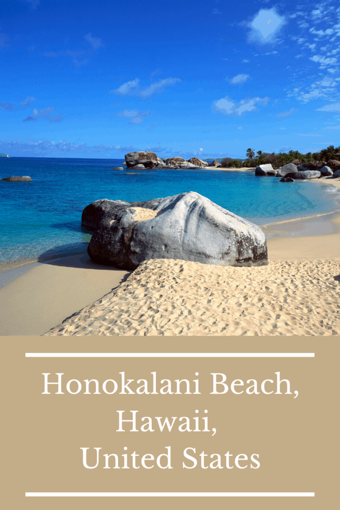 Honokalani Beach features pitch-black sand, dense tropical trees and flowers, and bright blue waves.