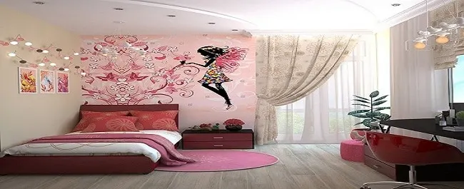 girls bedroom with a mural of a fairy on the wall