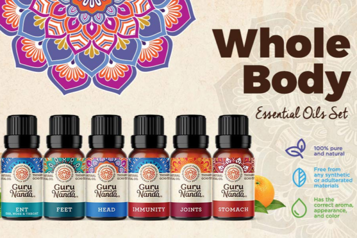 GuruNanda Whole Body Essential Oils Benefit Pack with six therapeutic oils for immunity, relaxation, and overall well-being.