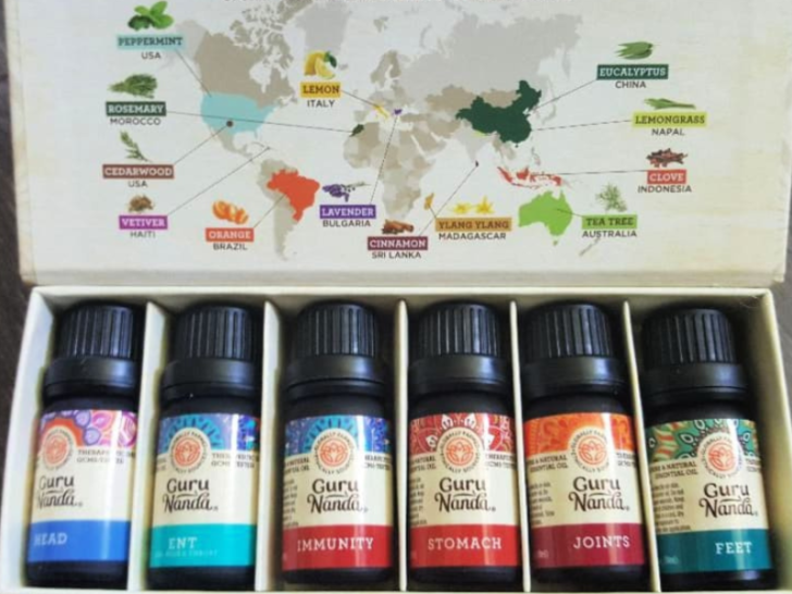 GuruNanda Whole Body Essential Oils Pack featuring six therapeutic oils for holistic health benefits.