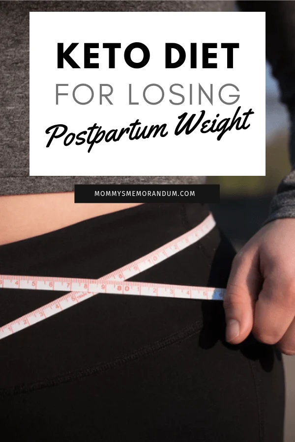 Woman measuring waist with tape measure, representing postpartum weight loss using a keto diet for new moms.