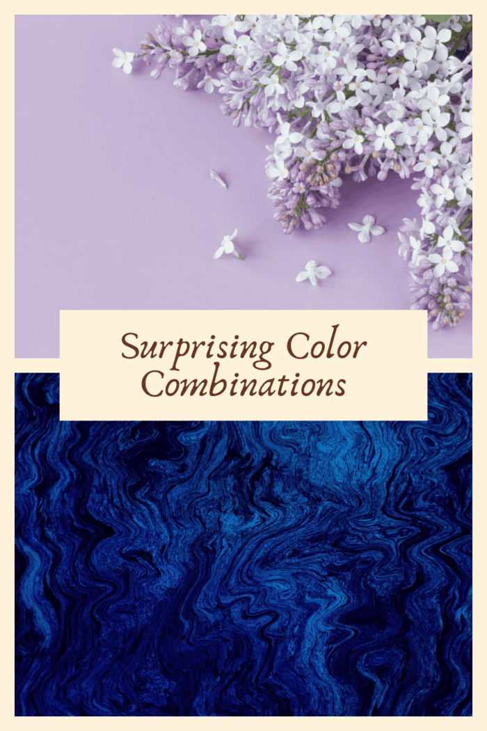 Image featuring surprising color combinations with soft lavender flowers and a deep blue marbled background, highlighting a unique and elegant pairing