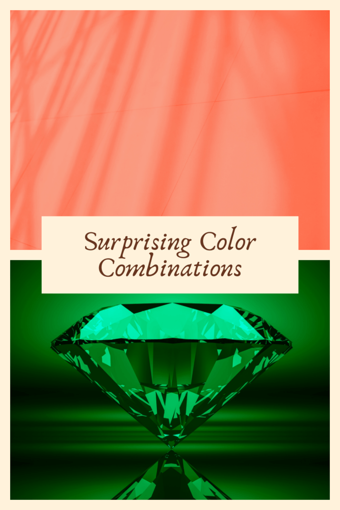 Image showcasing surprising color combinations with a coral background and an emerald green gemstone, highlighting unexpected color harmony.