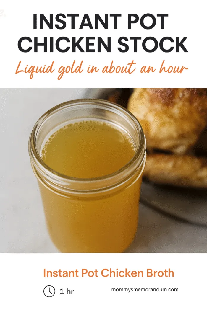 Close-up of golden Instant Pot chicken stock in a glass jar styled with fresh vegetables and roasted chicken