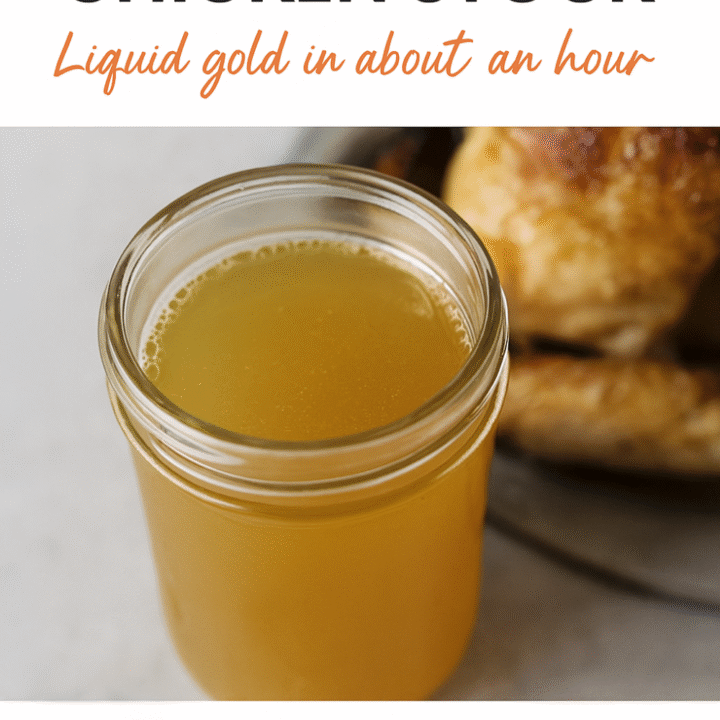 A close-up of golden Instant Pot chicken stock in a glass jar, styled with fresh vegetables and roasted chicken in the background. Crisp, natural lighting and rustic composition evoke warmth and homemade comfort.