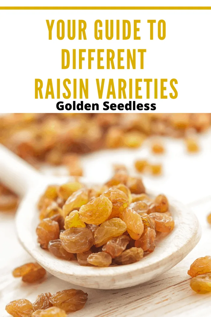 Close-up of Golden Seedless raisins on a wooden spoon, showcasing their vibrant color and texture.