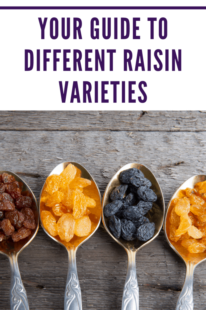 different types of raisins on spoons