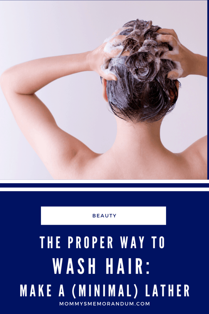 Using your fingertips (not your nails!), start at your roots to build your lather. The water will rinse it down the rest of your strands, so you don't need to drag the suds all the way to your tips.