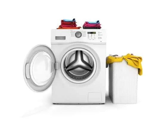 Concept of washing clothes Washing machine with an open door colored towels and washing basket with dirty clothes isolated on white background 3d render