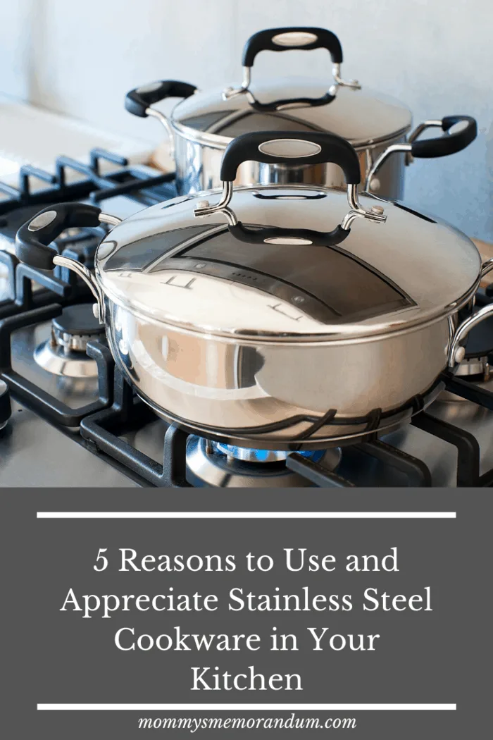 Stainless steel cookware set on a kitchen counter, perfect for non-toxic cooking and even heat distribution