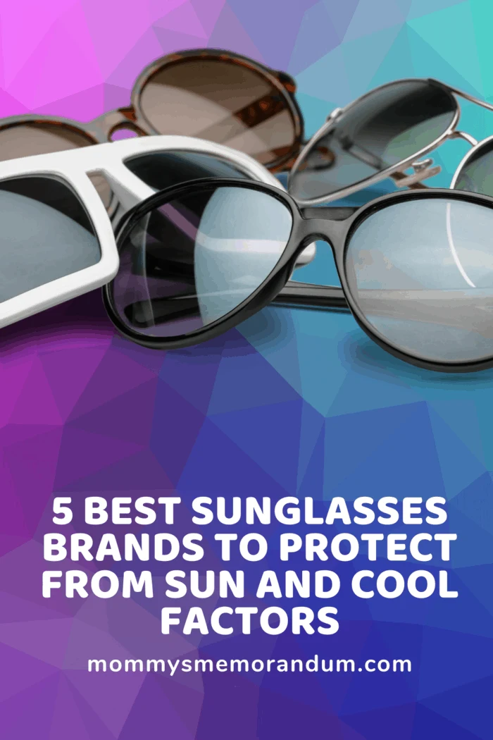 several pair of sunglasses name brands in a pille