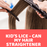 Hair straightener being used on a child's hair to kill lice