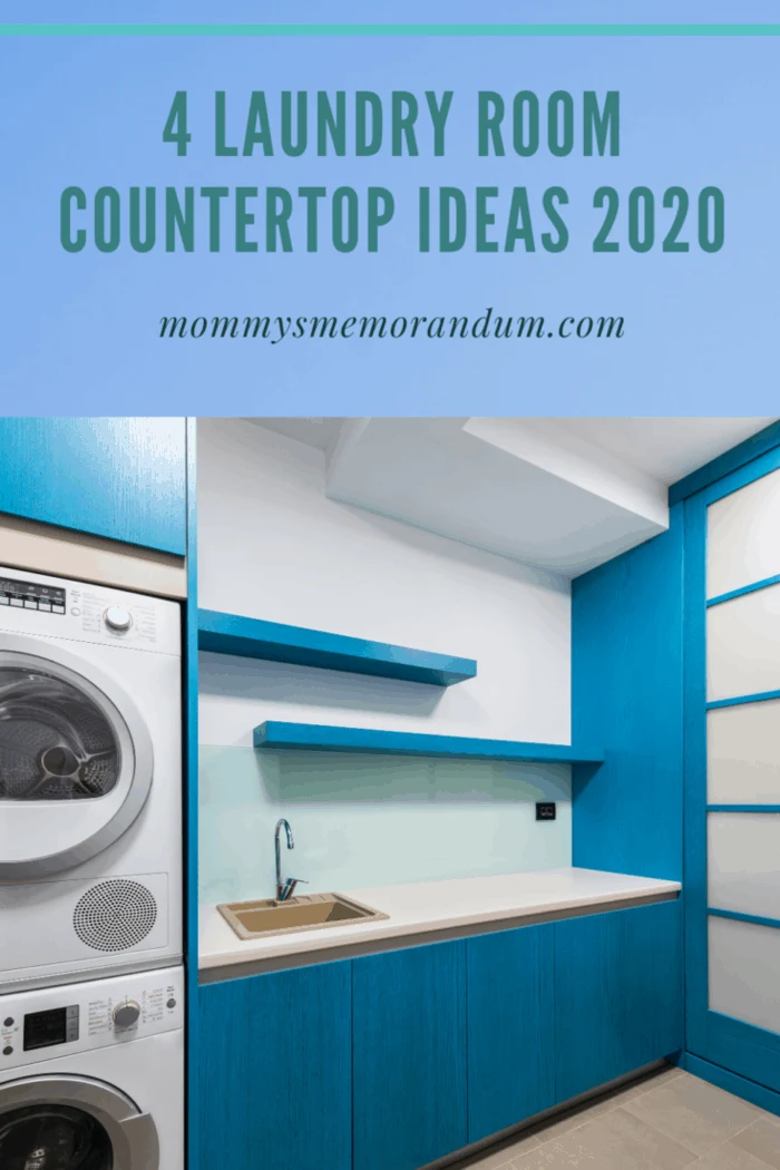 laundry room counterops in turquoise laundry room with stacked washer and dryer