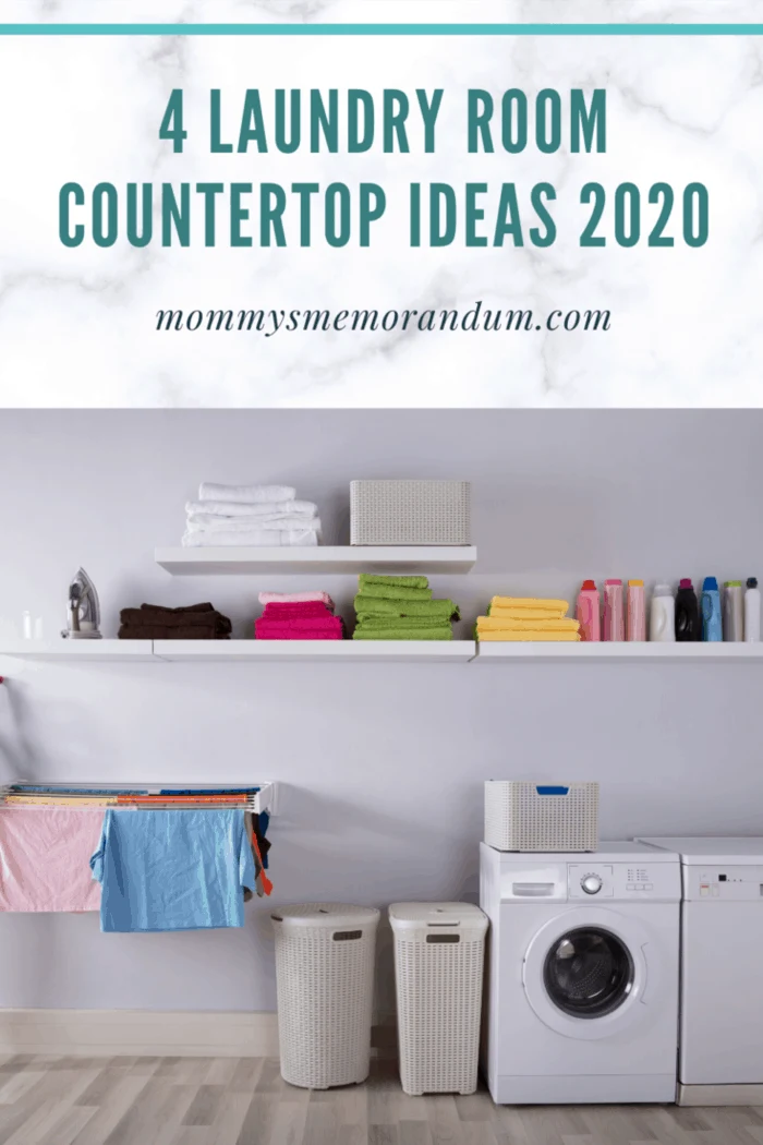 white neatly organized laundry room with countertop shelving