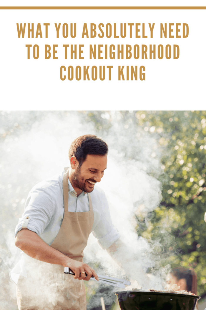 cookout king grilling on grill with smile