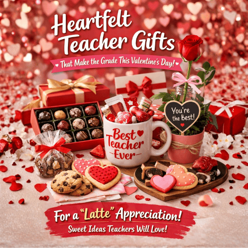 Valentine’s Day teacher gifts flat lay with chocolates, heart-shaped cookies, a “Best Teacher Ever” mug filled with treats, a single rose in a pink pot, and festive red and pink decorations on a desk.
