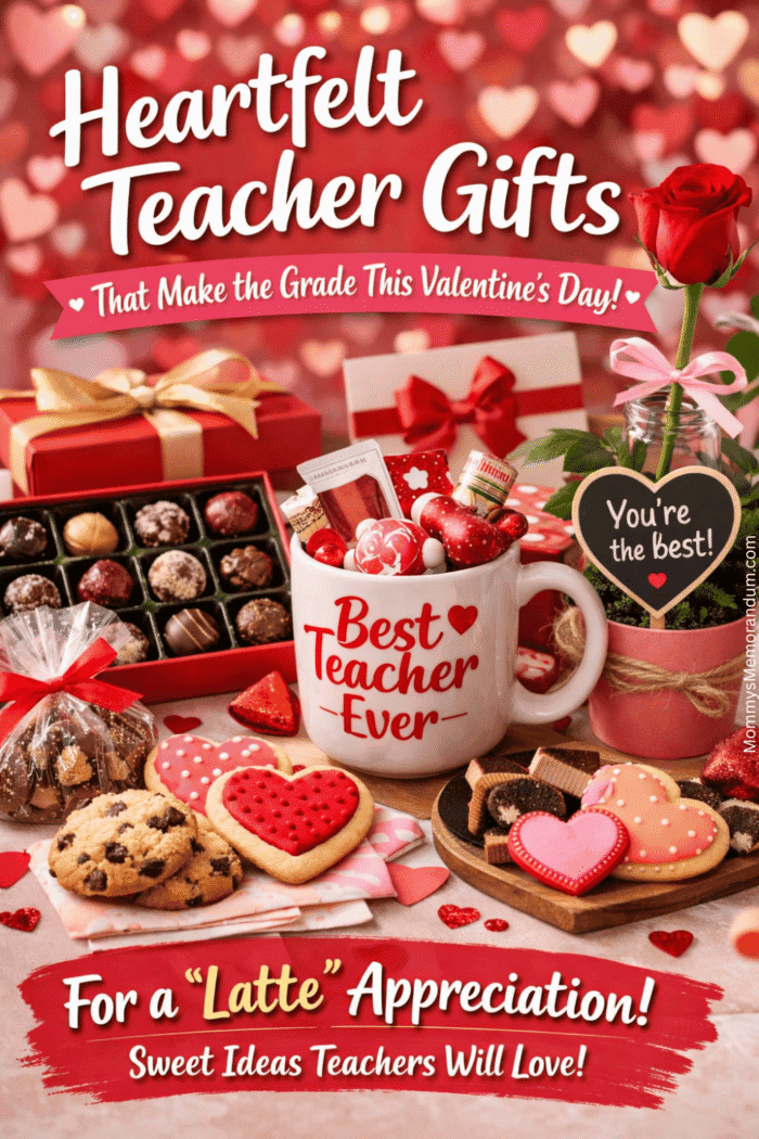 Heartfelt Teacher Gifts for Valentine’s Day – Sweet Surprises Every Teacher Will Love Valentine’s Day teacher gifts flat lay with chocolates, heart-shaped cookies, a “Best Teacher Ever” mug filled with treats, a single rose in a pink pot, and festive red and pink decorations on a desk.