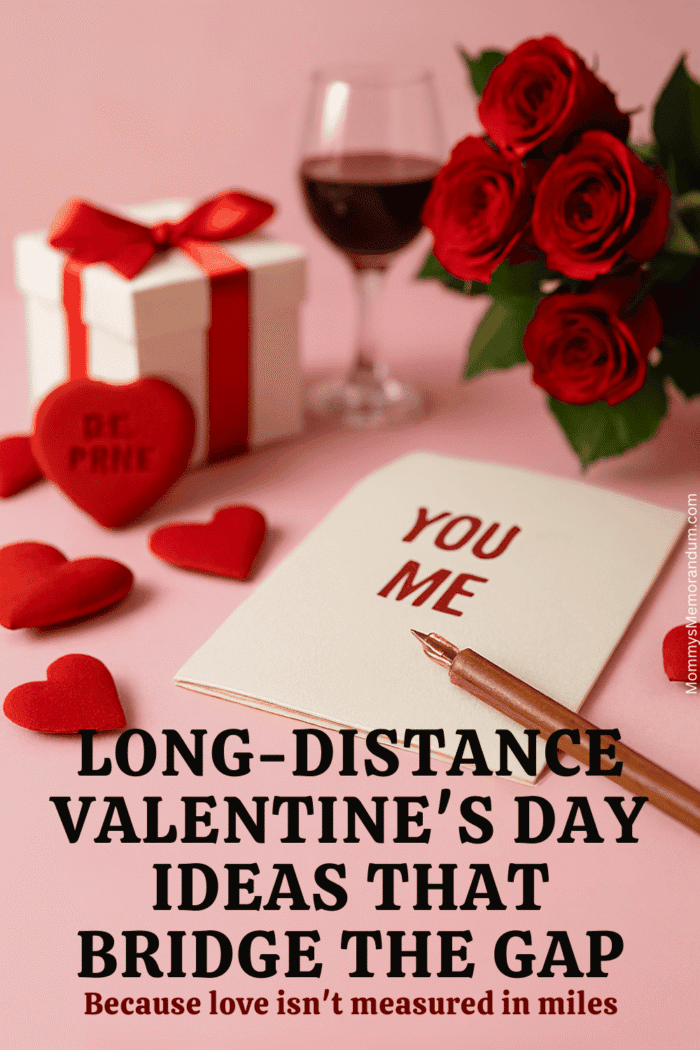 Flat-lay Valentine&rsquo;s Day scene styled for long-distance couples including love letters, envelopes, smartphone video call, lilacs and orchids, care package, and candles. Text overlay reads 'Love Knows No Zip Codes &ndash; Long-Distance Valentine&rsquo;s Day Ideas.'