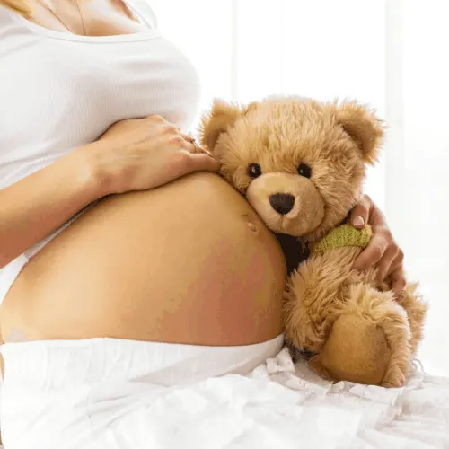 Pregnant woman holding teddy bear