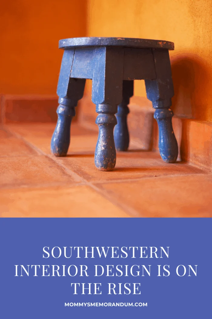 southwestern interior design bright blue stool against orange wall and mexican tiles