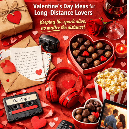 Ultra-realistic Valentine’s Day setup for long-distance couples showing chocolates, handwritten love letters, wine, popcorn, headphones, and a laptop with a romantic movie, arranged on a red table with hearts and candles.