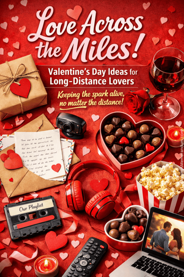 Ultra-realistic Valentine&rsquo;s Day setup for long-distance couples showing chocolates, handwritten love letters, wine, popcorn, headphones, and a laptop with a romantic movie, arranged on a red table with hearts and candles.