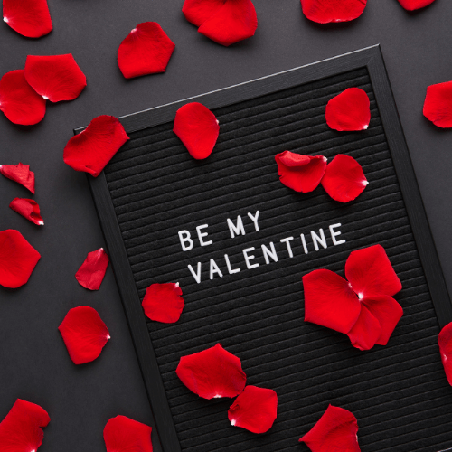 Be my valentine on a letter board with red rose petals