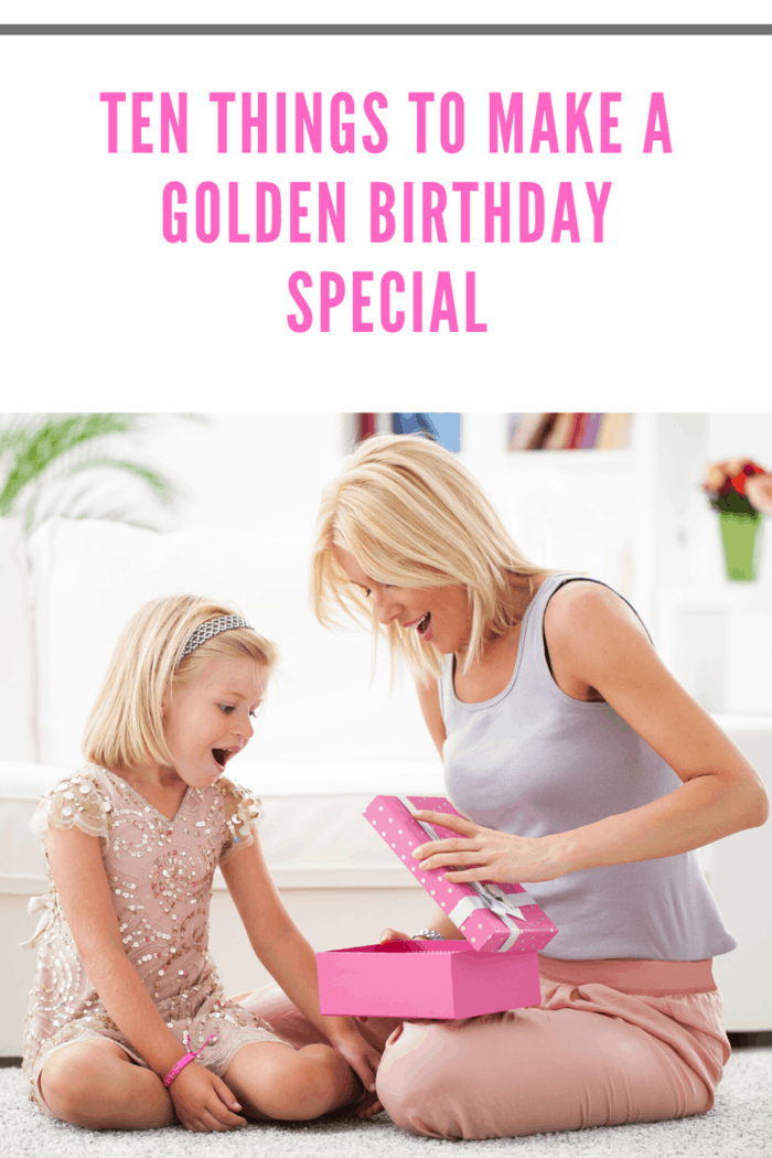 A mother giving a gift to her daughter on her golden birthday, making the moment special with a pink present and joyful expressions.