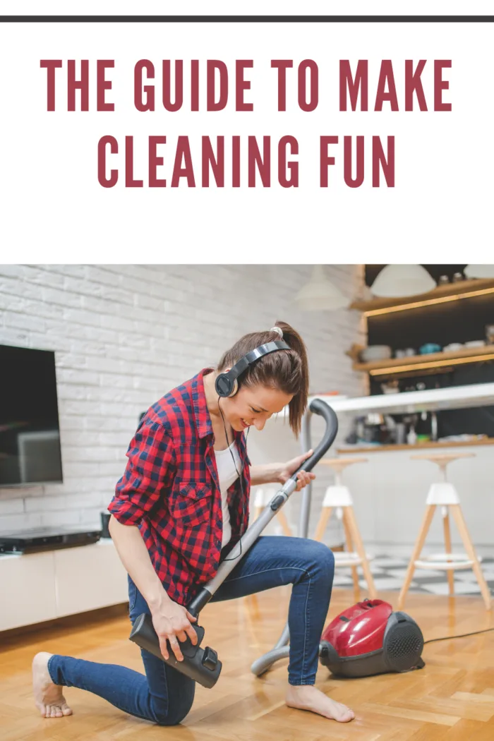woman listening to music and cleaning