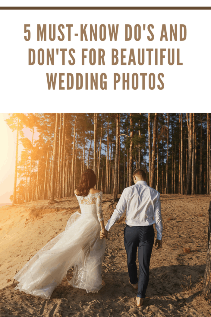 wedding photos of bride and groom walking into woods