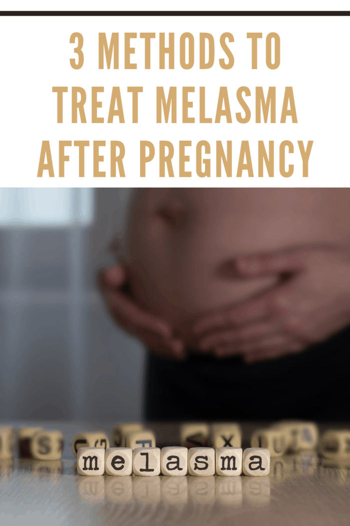 Pregnant woman holding belly with beads in focus that spell MELASMA depicting methods to treat melasma